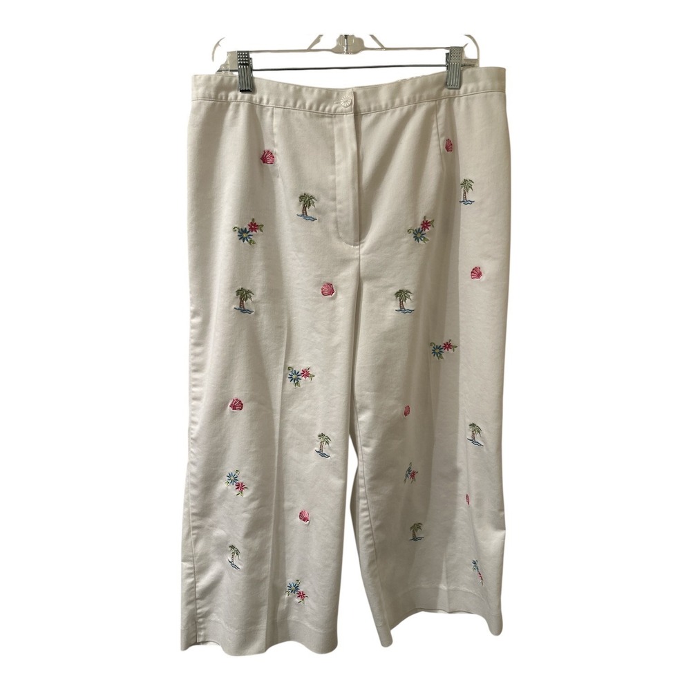 !! SOLD !! Coastal Embroidered Palm Tree Shell Crop Pants Cream Wide Leg 16W‎